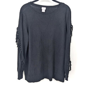 Chicos Sweater Womens‎ XL Black Fringe Sleeve Pullover Boho Knit Lightweight Top